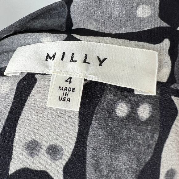 MILLY Black Gray Owl Print Silk Blouse Button-Up Tie-Neck Long Sleeves Stretch 4 - Picture 6 of 9